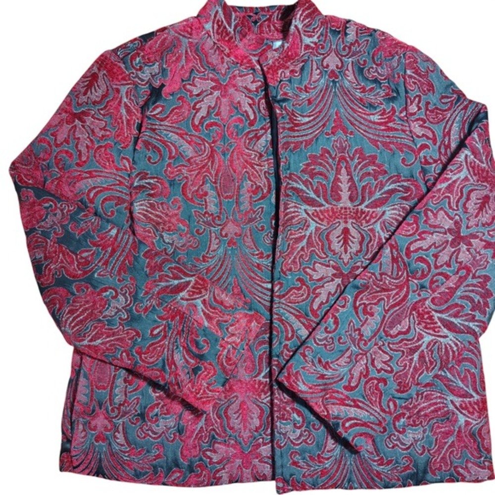 Erin by Erin London Red Black Damask Brocade Jacket Mandarin Collar Petite Large